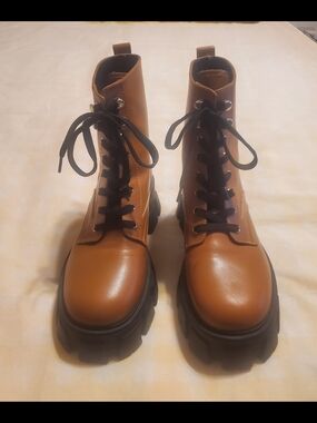 Marc Fisher Tan Leather Combat Boots with Black Lug Soles